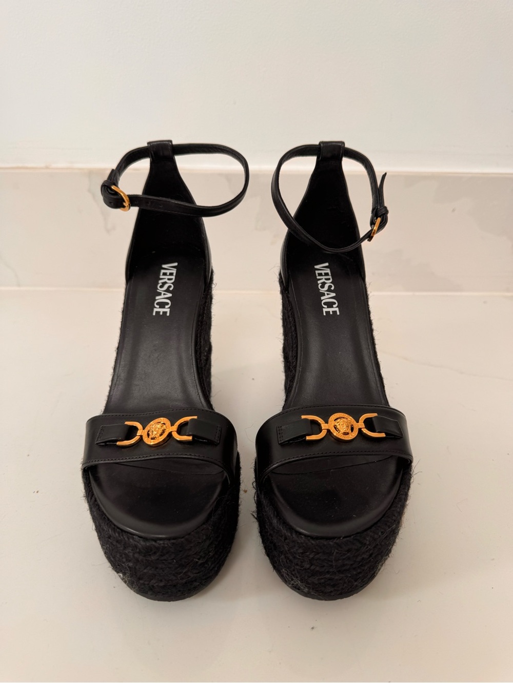 Versace Black Leather Wedge Espadrille Sandals with Gold Medusa Hardware